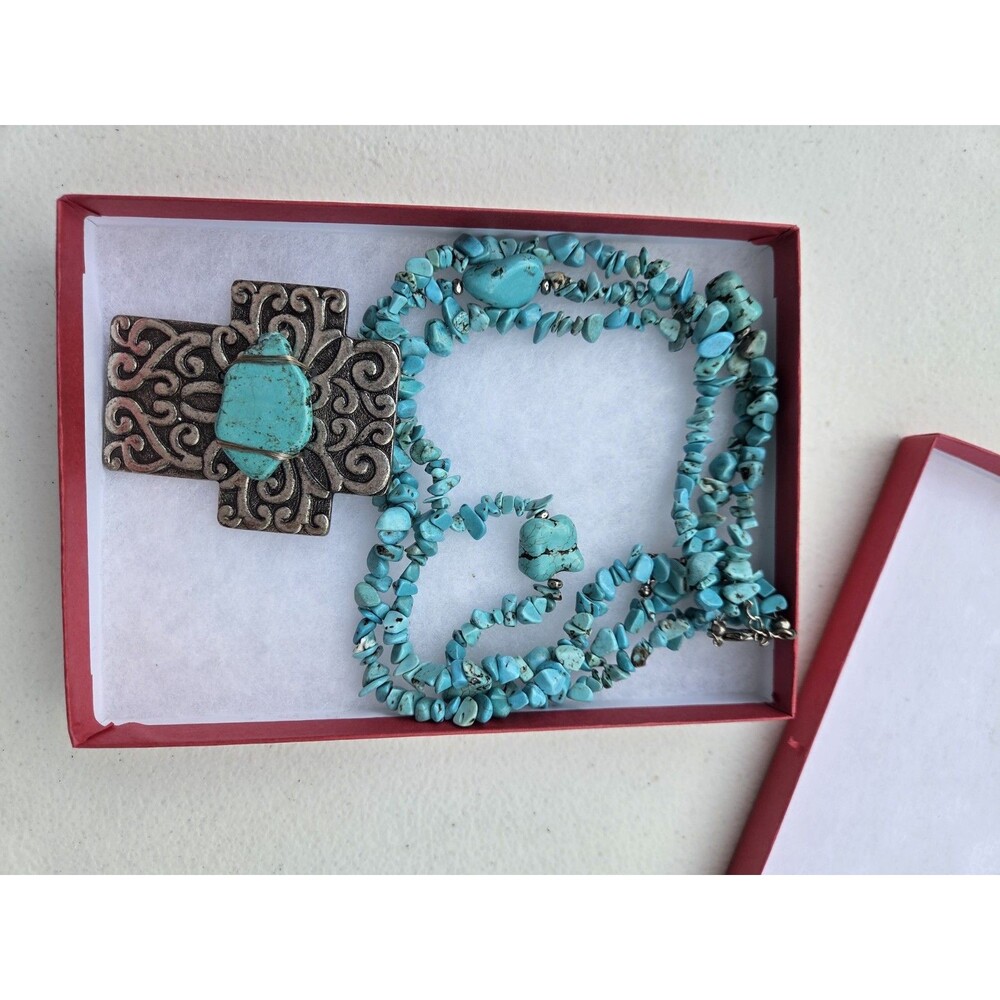 ​Southwestern Style Turquoise Chip Bead Necklace with Large Ornate Cross Pendant